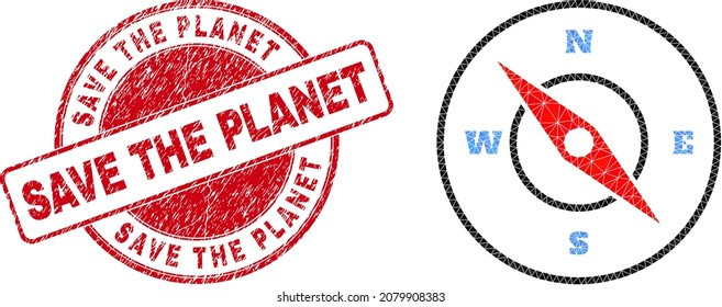 Low-Poly polygonal compass 2d illustration with Save the Planet textured seal. Red stamp contains Save the Planet caption inside circle form. Compass icon filled using triangles.