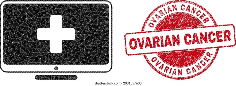 Ilustración de símbolo de medicina poligonal de computadora con CÁNCER OVARIANO rayado. El sello rojo contiene el título de Cáncer ovárico dentro de la forma redonda.