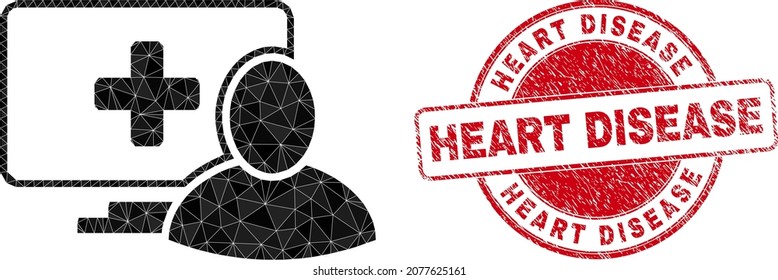 Ilustración de icono de paciente poligonal con enfermedad cardíaca estampado de sello grunge. El sello rojo contiene la leyenda de la enfermedad cardíaca en forma circular.