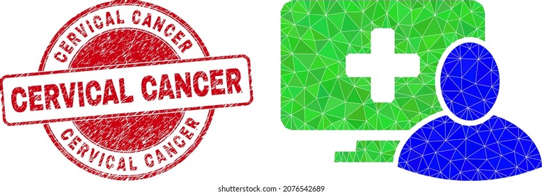 Ilustración del símbolo del paciente con computadora poligonal de baja densidad y sello corroido con el cáncer de cuello uterino. El sello rojo incluye la leyenda del cáncer cervical dentro de forma circular.