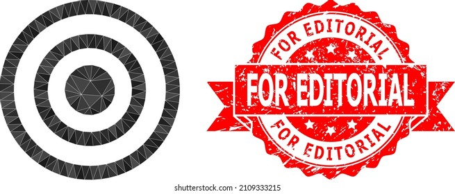 Lowpoly polygonal concentric circles icon illustration, and For Editorial unclean stamp seal. Red seal contains For Editorial caption inside ribbon.