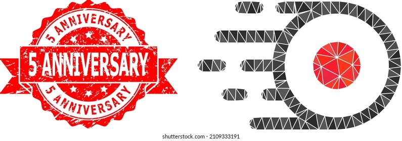 Low-Poly polygonal core flight 2d illustration, and 5 Anniversary grunge seal imitation. Red stamp seal contains 5 Anniversary tag inside ribbon. Vector core flight icon is filled with triangles.