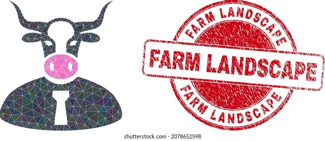 Lowpoly polygonal cow boss symbol illustration with Farm Landscape unclean stamp seal. Red stamp seal has Farm Landscape title inside round shape. Cow boss icon is filled with triangles.