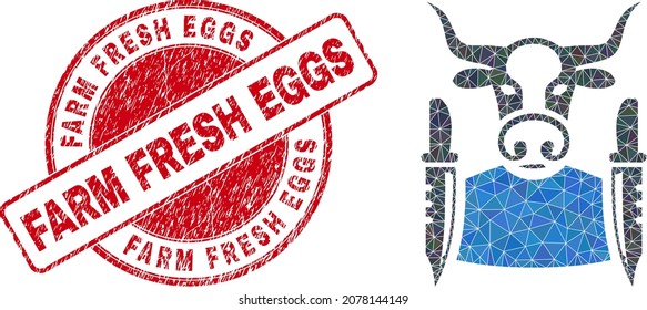 Low-Poly polygonal cow butcher 2d illustration with Farm Fresh Eggs rubber stamp seal. Red stamp seal has Farm Fresh Eggs caption inside circle it. Cow butcher icon is filled with triangles.