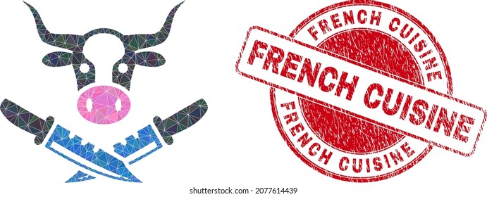 Lowpoly polygonal cow butchery 2d illustration with French Cuisine corroded seal imitation. Red seal has French Cuisine caption inside circle shape. Cow butchery icon filled with triangle mosaic.