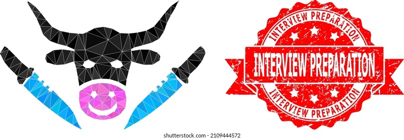 Low-Poly polygonal cow butchery icon illustration, and Interview Preparation dirty stamp seal. Red stamp contains Interview Preparation text inside ribbon.