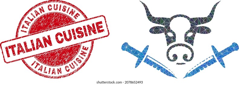 Low-Poly polygonal cow butchery knives symbol illustration with ITALIAN CUISINE rubber stamp seal. Red stamp seal includes Italian Cuisine caption inside circle form.