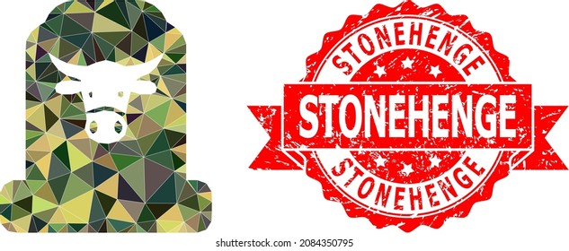 Lowpoly polygonal cow cemetery military camouflage 2d illustration, and Stonehenge scratched stamp seal. Red seal has Stonehenge caption inside ribbon.