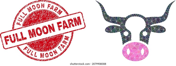 Low-Poly polygonal cow head icon illustration with Full Moon Farm grunge seal print. Red seal has Full Moon Farm tag inside round form. Cow head icon is filled with triangles.