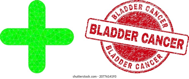 Low-Poly polygonal cross symbol illustration, and BLADDER CANCER rubber watermark. Red stamp includes Bladder Cancer text inside round form. Cross icon is filled using triangle mosaic.