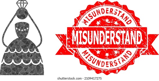 Low-Poly polygonal crowned bride 2d illustration, and Misunderstand unclean stamp seal. Red stamp seal includes Misunderstand title inside ribbon. Vector crowned bride icon is filled using triangles.