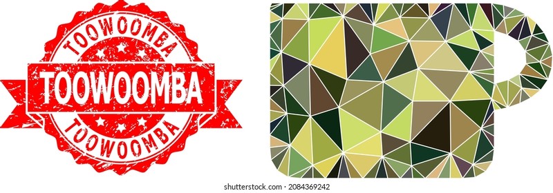 Low-Poly polygonal cup military camouflage icon illustration, and Toowoomba dirty seal. Red stamp contains Toowoomba tag inside ribbon. Vector cup icon is filled using camo triangle mosaic.