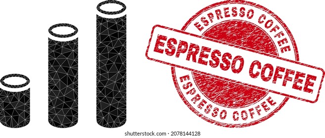 Low-Poly polygonal cylinder chart symbol illustration with Espresso Coffee rubber seal imitation. Red seal includes Espresso Coffee text inside circle form.