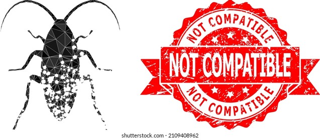 Lowpoly polygonal damaged cockroach icon illustration, and Not Compatible corroded stamp seal. Red stamp seal contains Not Compatible caption inside ribbon.