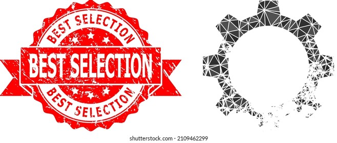 Ilustración del icono del piñón dañado polígonal de baja densidad y estampado del grano de mejor selección. El sello rojo tiene el texto de mejor selección dentro de la cinta. Icono de engranaje dañado del vector rellenado con triángulos.