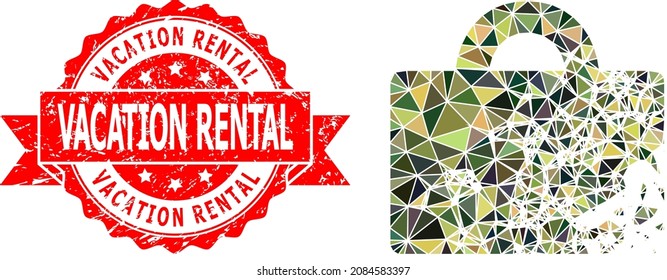 Low-Poly polygonal damaged luggage military camouflage icon illustration, and Vacation Rental textured seal. Red stamp seal has Vacation Rental text inside ribbon.