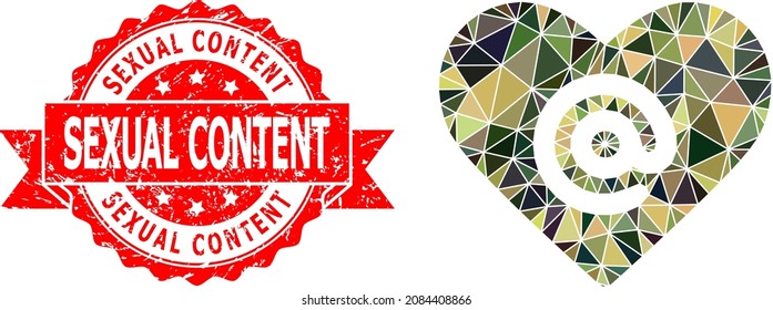 Low-Poly polygonal dating heart address military camouflage symbol illustration, and Sexual Content grunge stamp. Red stamp seal includes Sexual Content caption inside ribbon.