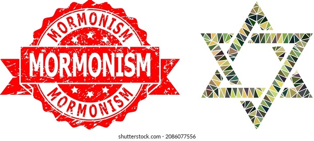 Low-Poly polygonal david star military camouflage icon illustration, and Mormonism corroded seal print. Red seal has Mormonism tag inside ribbon.