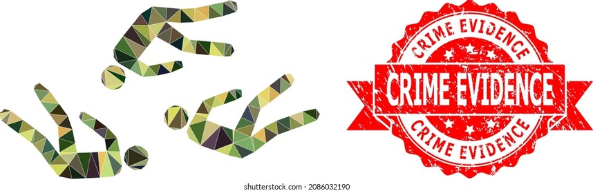 Low-Poly polygonal dead people military camouflage icon illustration, and Crime Evidence textured seal print. Red stamp seal includes Crime Evidence caption inside ribbon.