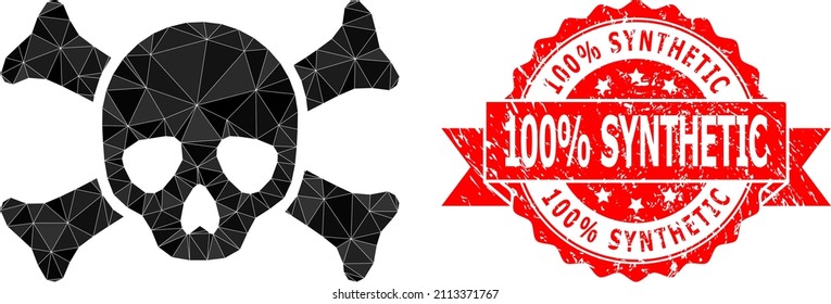 Low-Poly polygonal death skull symbol illustration, and 100 percent Synthetic dirty seal print. Red stamp seal has 100 percent Synthetic tag inside ribbon. Vector death skull icon is filled with