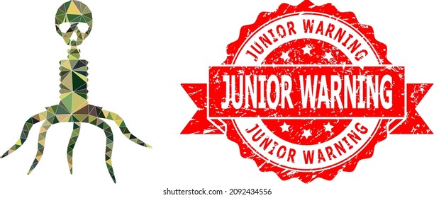 Low-Poly polygonal death virus military camouflage symbol illustration, and Junior Warning scratched stamp. Red stamp seal has Junior Warning caption inside ribbon.