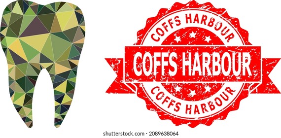 Low-Poly polygonal dental tooth military camouflage 2d illustration, and Coffs Harbour grunge seal imitation. Red stamp seal contains Coffs Harbour caption inside ribbon.