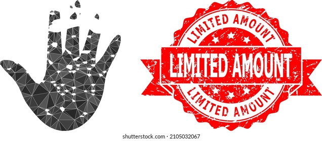 Ilustración de icono de mano con poligonal de baja densidad y imitación de sello de goma de cantidad limitada. El sello rojo tiene un título de cantidad limitada dentro de la cinta. El vector destruyó un icono de mano lleno de triángulos.