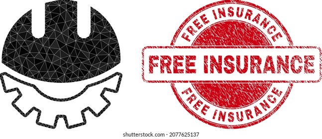 Lowpoly polygonal development helmet 2d illustration with Free Insurance rubber stamp seal. Red stamp seal contains Free Insurance tag inside round shape.
