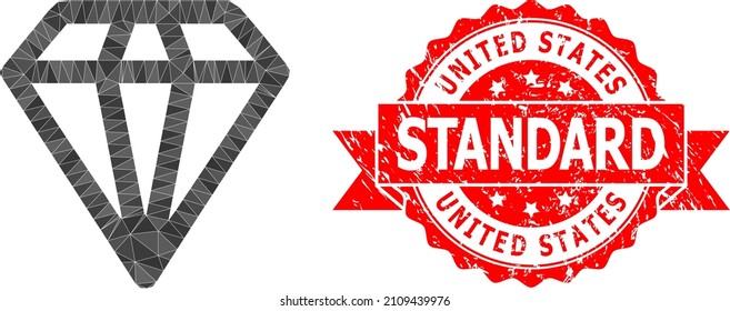 Ilustración de un icono de diamante poligonal flojo y sello de impuro estándar de los Estados Unidos. El sello rojo tiene el título estándar de Estados Unidos dentro de la cinta.
