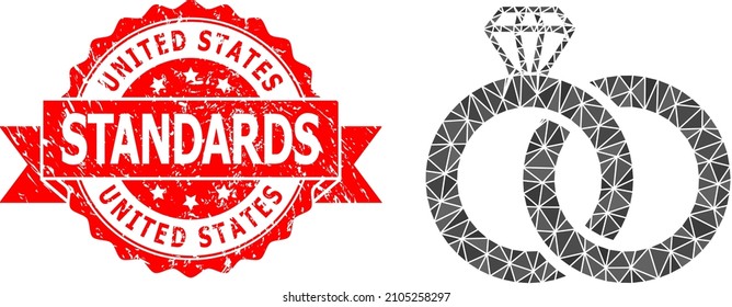 Low-Poly polygonal diamond wedding rings icon illustration, and United States Standards textured seal. Red seal includes United States Standards text inside ribbon.