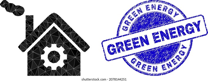 Low-Poly polygonal dirty factory symbol illustration, and GREEN ENERGY corroded stamp. Blue stamp seal contains Green Energy tag inside circle it. Dirty factory icon is filled using triangles.