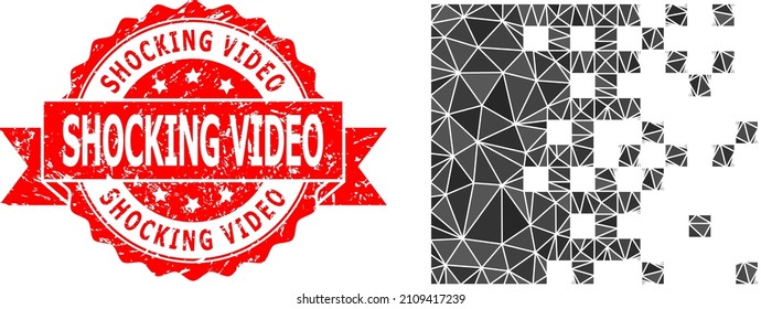 Low-Poly polygonal dissolving pixels icon illustration, and Shocking Video unclean seal. Red stamp has Shocking Video title inside ribbon. Vector dissolving pixels icon filled using triangles.