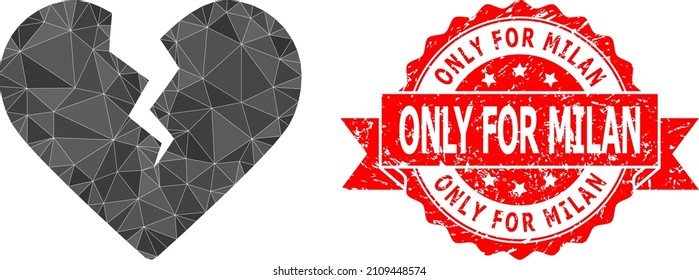 Ilustración de ícono cardíaco de divorcio poligonal de bajo contenido poligonal, y Sólo para un sello impuro de Milán. El sello rojo contiene sólo la leyenda de Milán dentro de la cinta. Icono de corazón de divorcio vectorial lleno de triángulos.