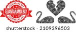Low-Poly polygonal divorce swans symbol illustration, and Guantanamo Bay grunge seal imitation. Red stamp includes Guantanamo Bay text inside ribbon. Vector divorce swans icon filled with triangles.