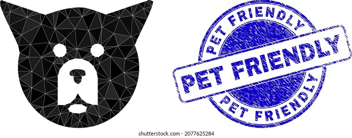 Low-Poly polygonal dog head icon illustration with Pet Friendly textured stamp. Blue stamp includes Pet Friendly text inside round shape. Dog head icon filled with triangles.