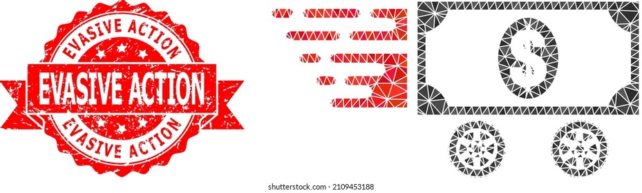 Lowpoly polygonal dollar car 2d illustration, and Evasive Action textured stamp seal. Red stamp seal has Evasive Action tag inside ribbon. Vector dollar car icon is filled with triangle mosaic.