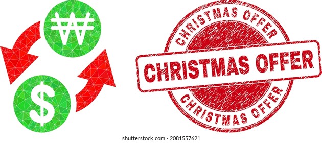 El corean de canje de dólar poligonal bajo en polaco ganó ilustración de icono con sello de goma CHRISTMAS OFFER. El sello rojo incluye el título de la oferta navideña en forma redonda.