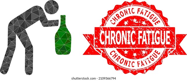Low-Poly polygonal drunky man icon illustration, and Chronic Fatigue rubber stamp seal. Red seal contains Chronic Fatigue title inside ribbon. Vector drunky man icon filled with triangles.