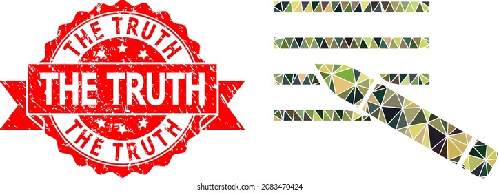 Low-Poly polygonal edit text military camouflage icon illustration, and The Truth unclean seal. Red stamp has The Truth caption inside ribbon.