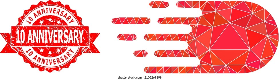 Low-Poly polygonal electron flight symbol illustration, and 10 Anniversary scratched seal imitation. Red stamp seal has 10 Anniversary tag inside ribbon.