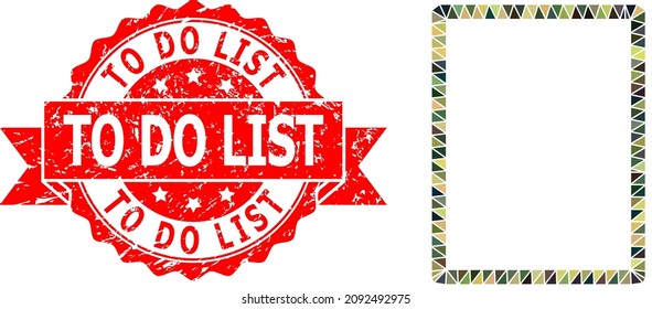 Lowpoly polygonal empty page military camouflage icon illustration, and To Do List rubber seal print. Red stamp seal includes To Do List tag inside ribbon.