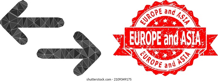 Lowpoly polygonal exchange arrows 2d illustration, and Europe and Asia rubber watermark. Red stamp seal contains Europe and Asia caption inside ribbon.