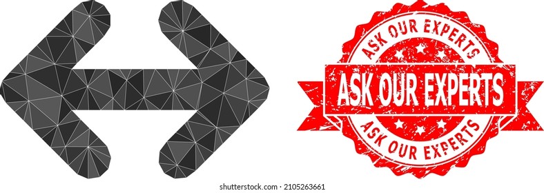 Las flechas de intercambio polígono de bajo polígono se encuentran horizontalmente en la ilustración del símbolo, y el precinto de goma Ask Our Expert. El sello rojo tiene la etiqueta Pregúntenos a nuestros expertos dentro de la cinta.