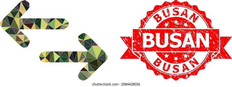 Low-Poly polygonal exchange arrows military camouflage icon illustration, and Busan rubber watermark. Red seal has Busan text inside ribbon.