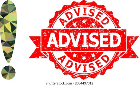 Low-Poly polygonal exclamation sign military camouflage icon illustration, and Advised rubber stamp. Red seal includes Advised text inside ribbon.