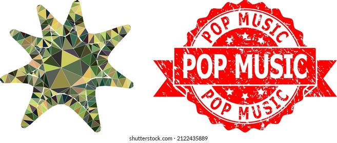 Lowpoly Polygonal Exploding Boom Military Camouflage Icon Illustration, And Pop Music Textured Seal Imitation. Red Stamp Seal Contains Pop Music Text Inside Ribbon.