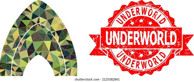 Low-Poly polygonal fire flame military camouflage 2d illustration, and Underworld dirty stamp seal. Red stamp seal includes Underworld tag inside ribbon.