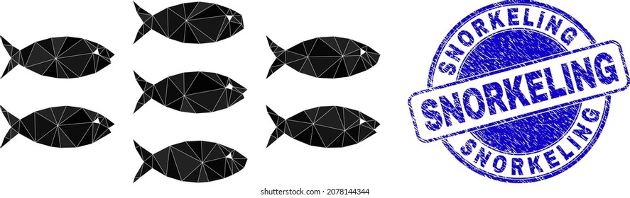 Lowpoly polygonal fish school icon illustration with SNORKELING grunge seal imitation. Blue stamp has Snorkeling text inside round shape. Fish school icon filled with triangles.