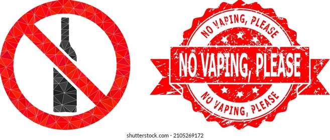 Lowpoly polygonal forbidden alcohol icon illustration, and No Vaping, Please textured seal imitation. Red stamp seal includes No Vaping, Please caption inside ribbon.