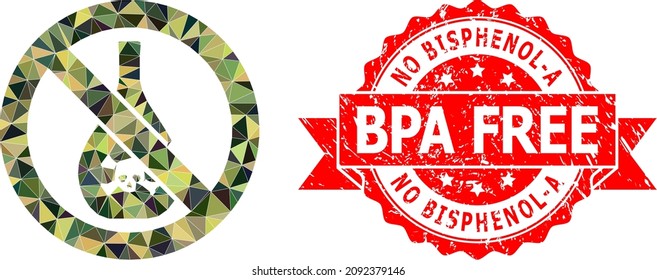 Lowpoly polygonal forbidden chemicals military camouflage icon illustration, and No Bisphenol-A Bpa Free unclean stamp seal. Red stamp seal contains No Bisphenol-A Bpa Free title inside ribbon.